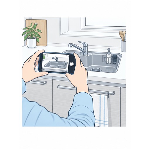 安全な位置からシンクと周囲の設備全体を撮影するイラスト