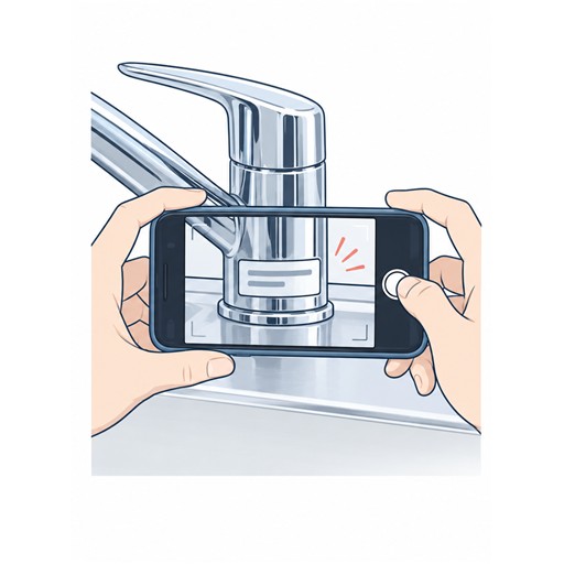 スマートフォンで蛇口の品番ラベルを撮影するイラスト