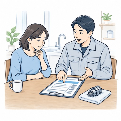 見積書を見ながら作業員から修理内容の説明を受けるイラスト